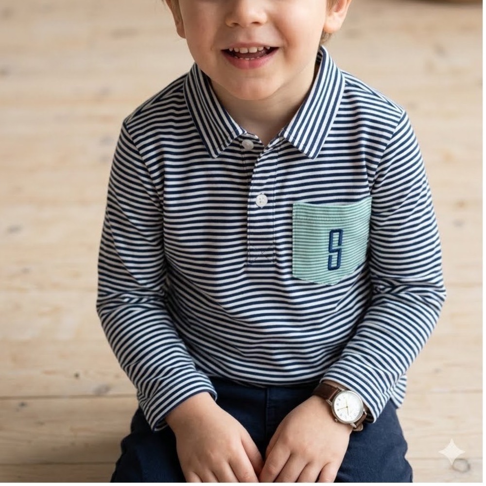 Cecil and Lou Boys Navy White Striped Long Sleeve Polo Shirt Monogram S Size 4T